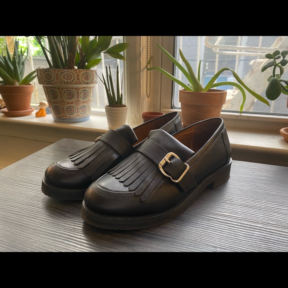 Office Fisher black leather fringed buckle loafers